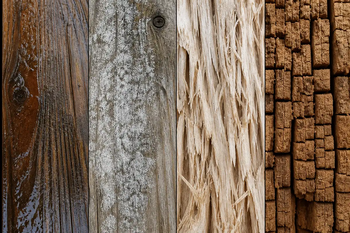 Sound wet deck wood, superficial surface growth, pale fibrous decay, and brown blocky decay shown at matching scale