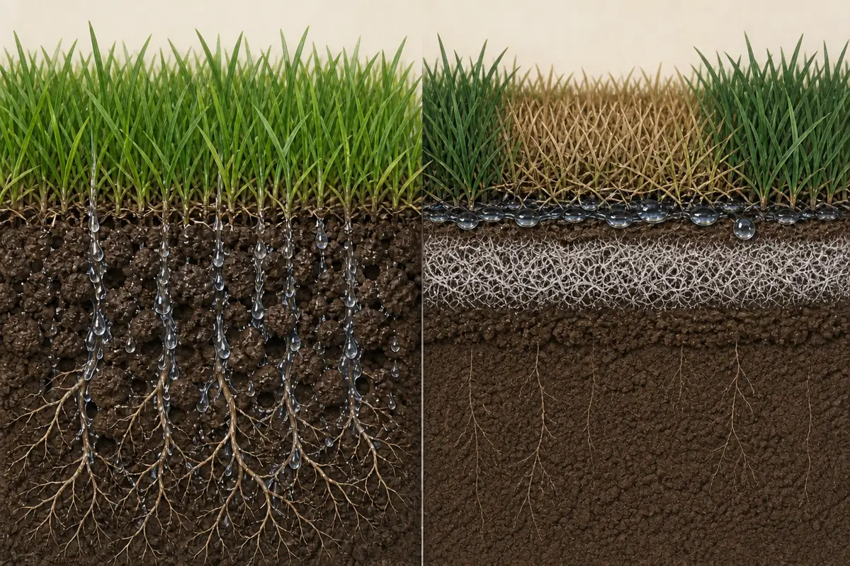 Turf cross sections comparing normal water infiltration with water beading above a dense fairy-ring fungal zone