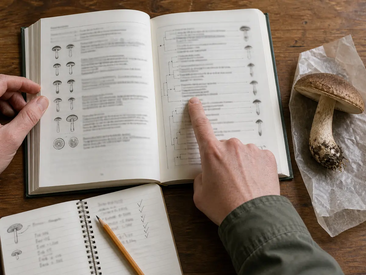 Hands following paired choices in an open mushroom field guide beside an intact specimen and a notebook of observations