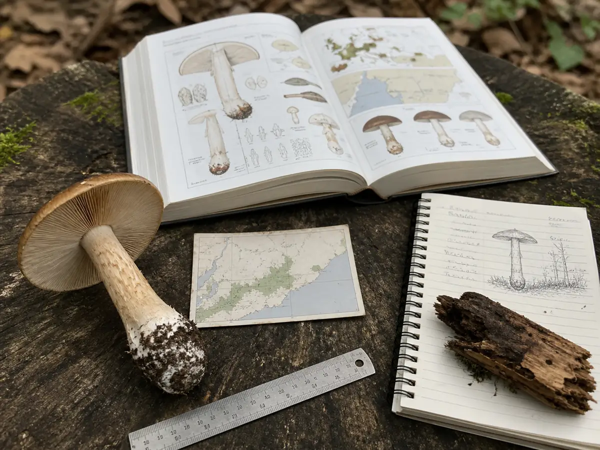 Complete mushroom specimen compared with a current regional guide, map, date, habitat notes, and scale