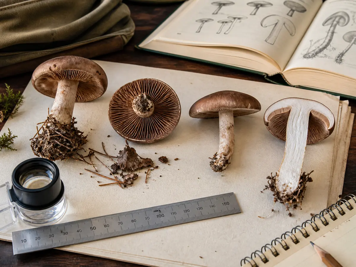 Mushroom cap, underside, stem, intact base, ruler, notes, and an open species description arranged for comparison