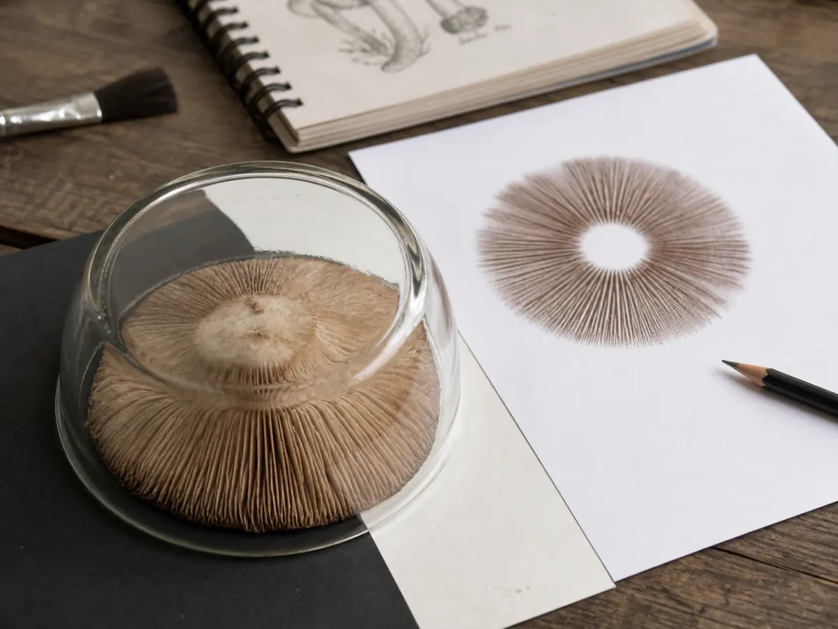 Covered mushroom cap on adjoining black and white paper beside a completed radial spore deposit