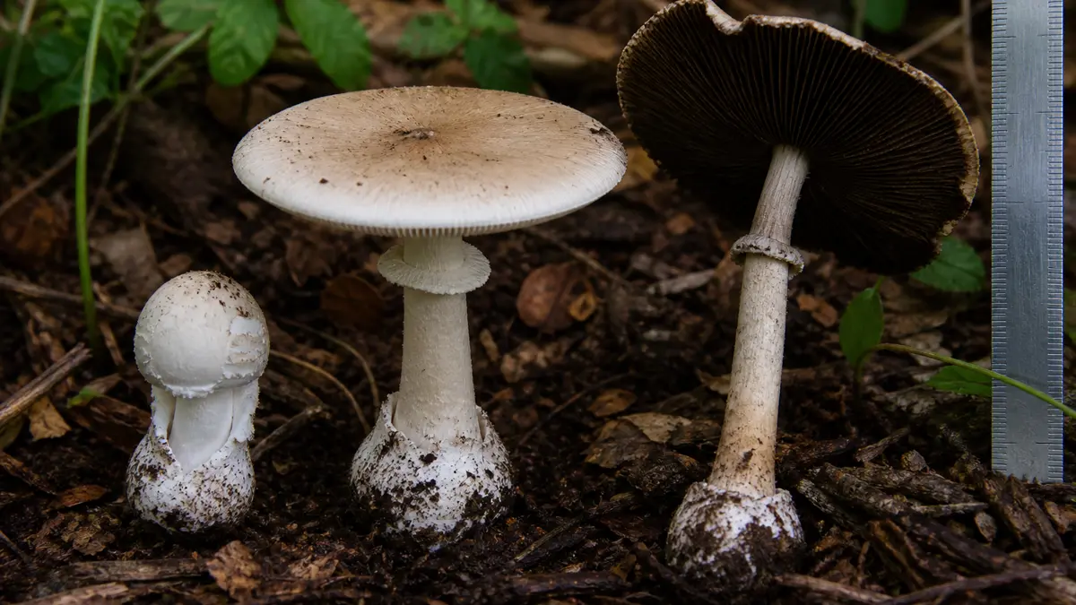 Young, mature, and old stages of one gilled mushroom beside a ruler