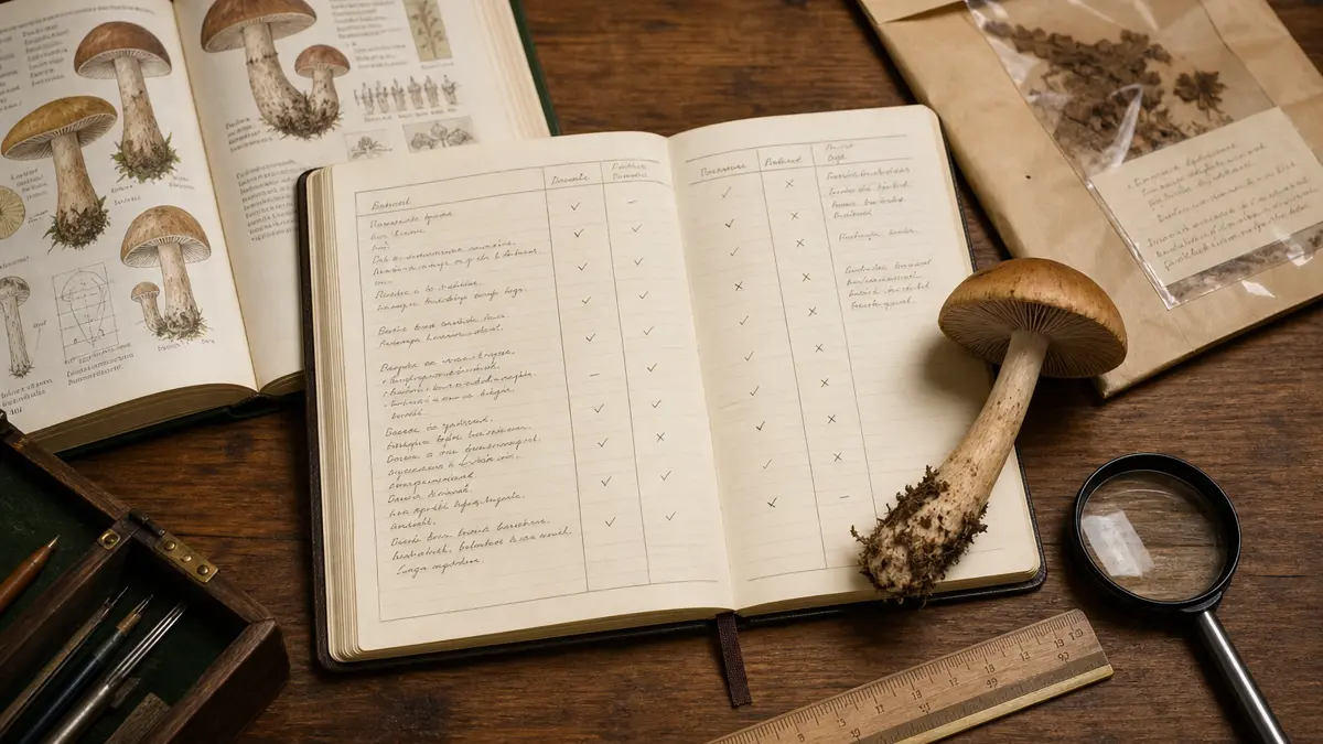 Mushroom specimen beside a regional field guide and a two-candidate evidence ledger