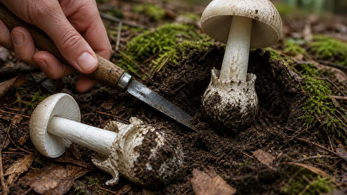 One mushroom excavated with its complete bulbous stem base intact