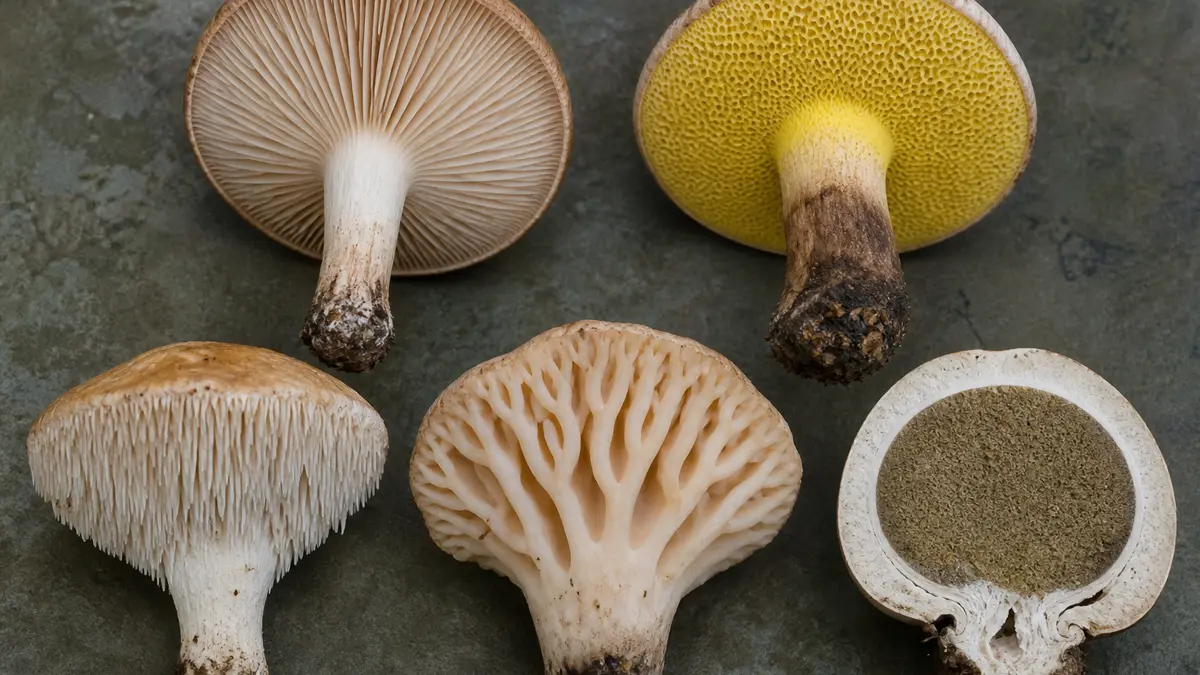 Gills, pores, teeth, blunt ridges, and an enclosed spore mass compared from below