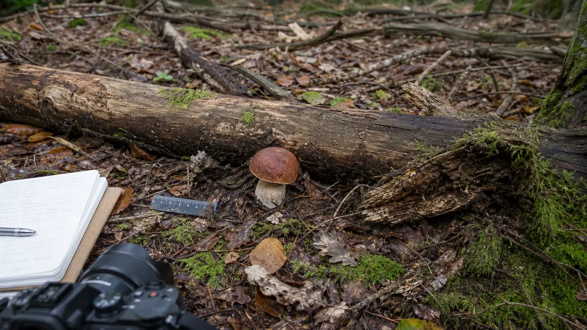 Wide habitat, substrate close-up, and scale views of one mushroom before collection