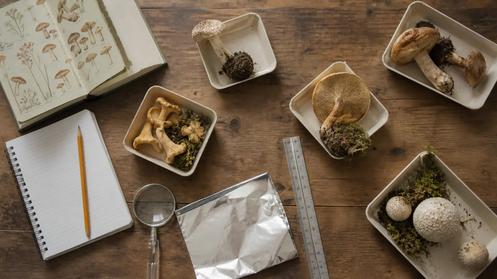 Field notebook, intact mushrooms, hand lens, ruler, and foil at a woodland study station