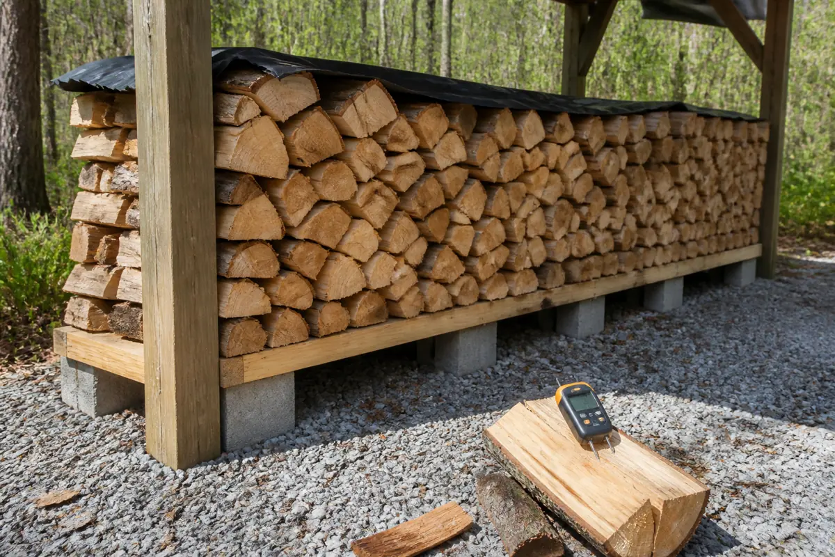 Raised single-row firewood stack with a top cover, open sides, airflow, and a moisture meter testing a freshly split piece