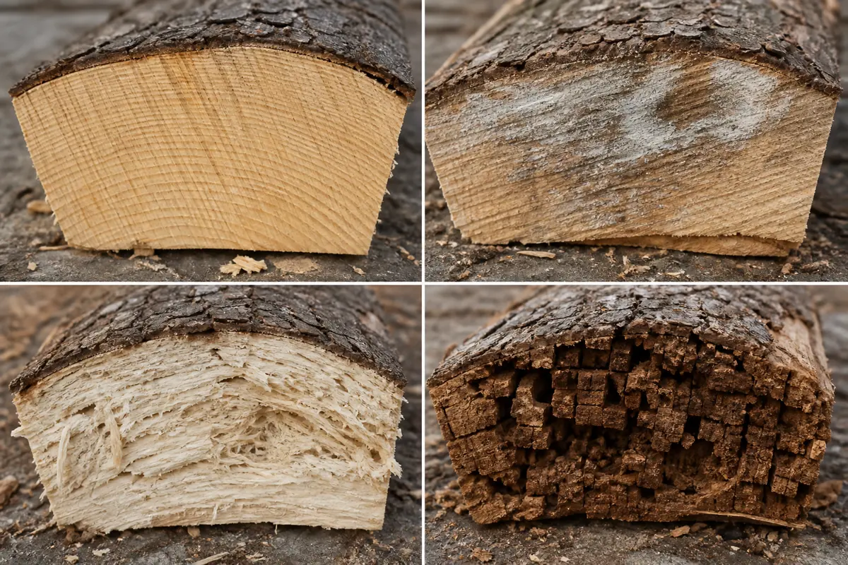 Sound split firewood, superficial surface growth, fibrous white decay, and brittle cubical brown decay shown at matching scale