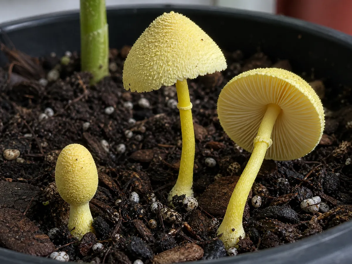 Fresh flowerpot parasol mushrooms showing yellow powdery caps, pale free gills, slender stems, and a fragile ring in potting mix