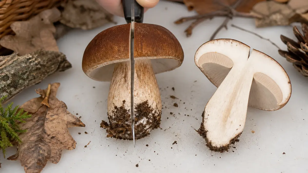 Knife making a radial vertical cut through the center of a mushroom cap and stem
