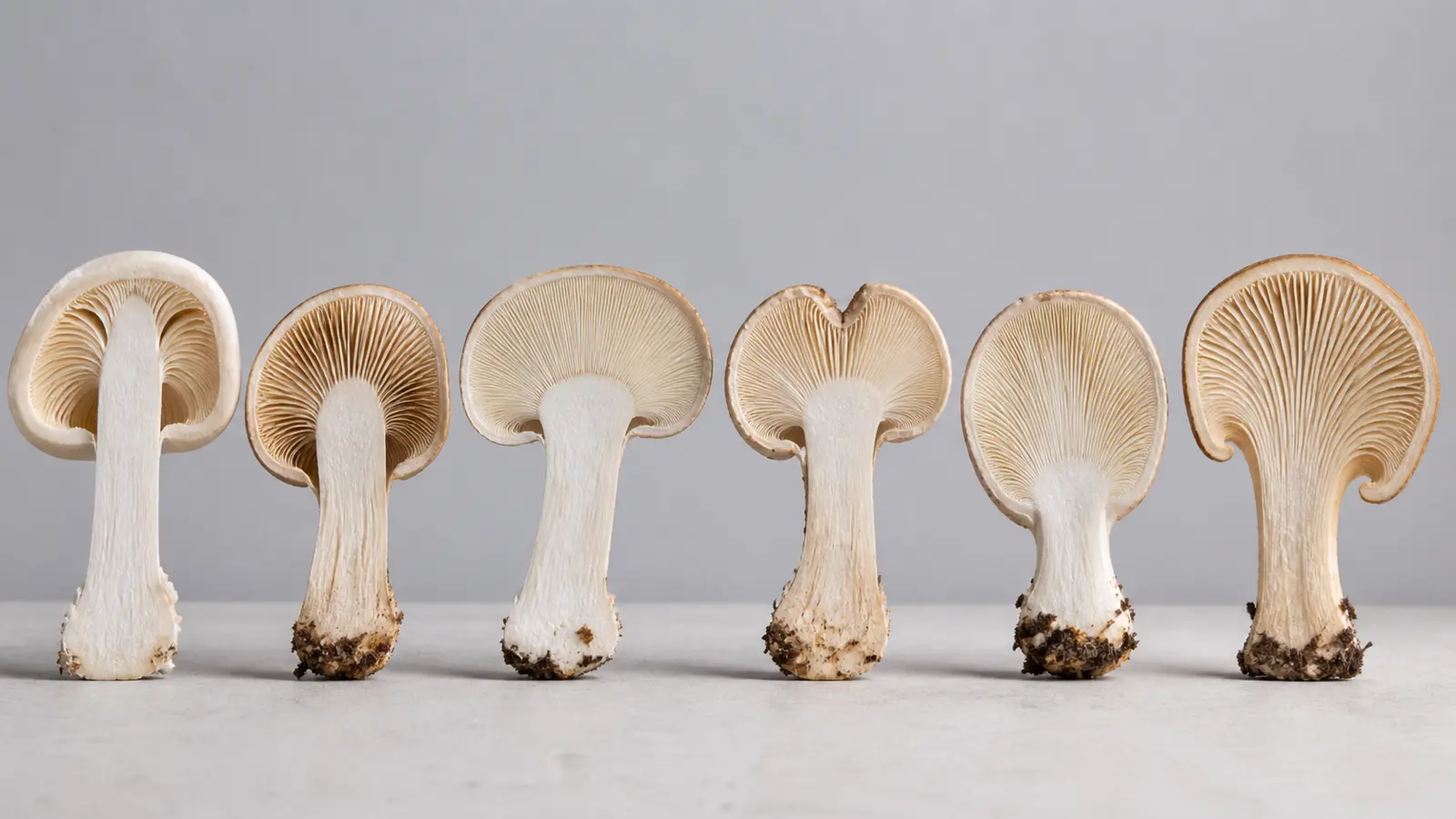 Cross-sections comparing free, adnexed, adnate, notched, and decurrent mushroom gills