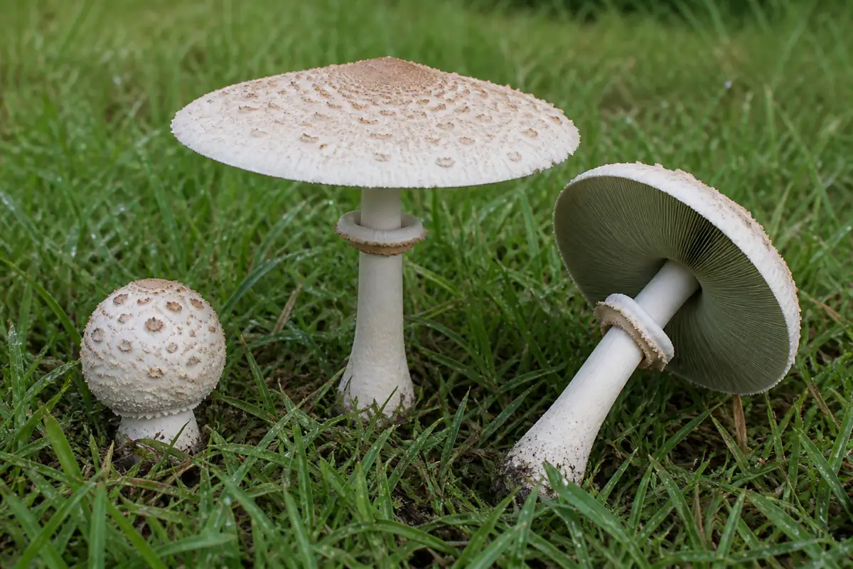 Young and mature green-spored parasol mushrooms showing pale caps, stem ring, and green-gray mature gills in turf