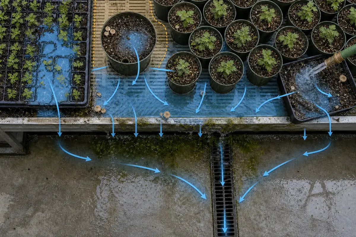 Overhead greenhouse bench map showing an overwatered propagation tray, blocked pot drainage, algae at a bench edge, hose splash, and a dry comparison zone