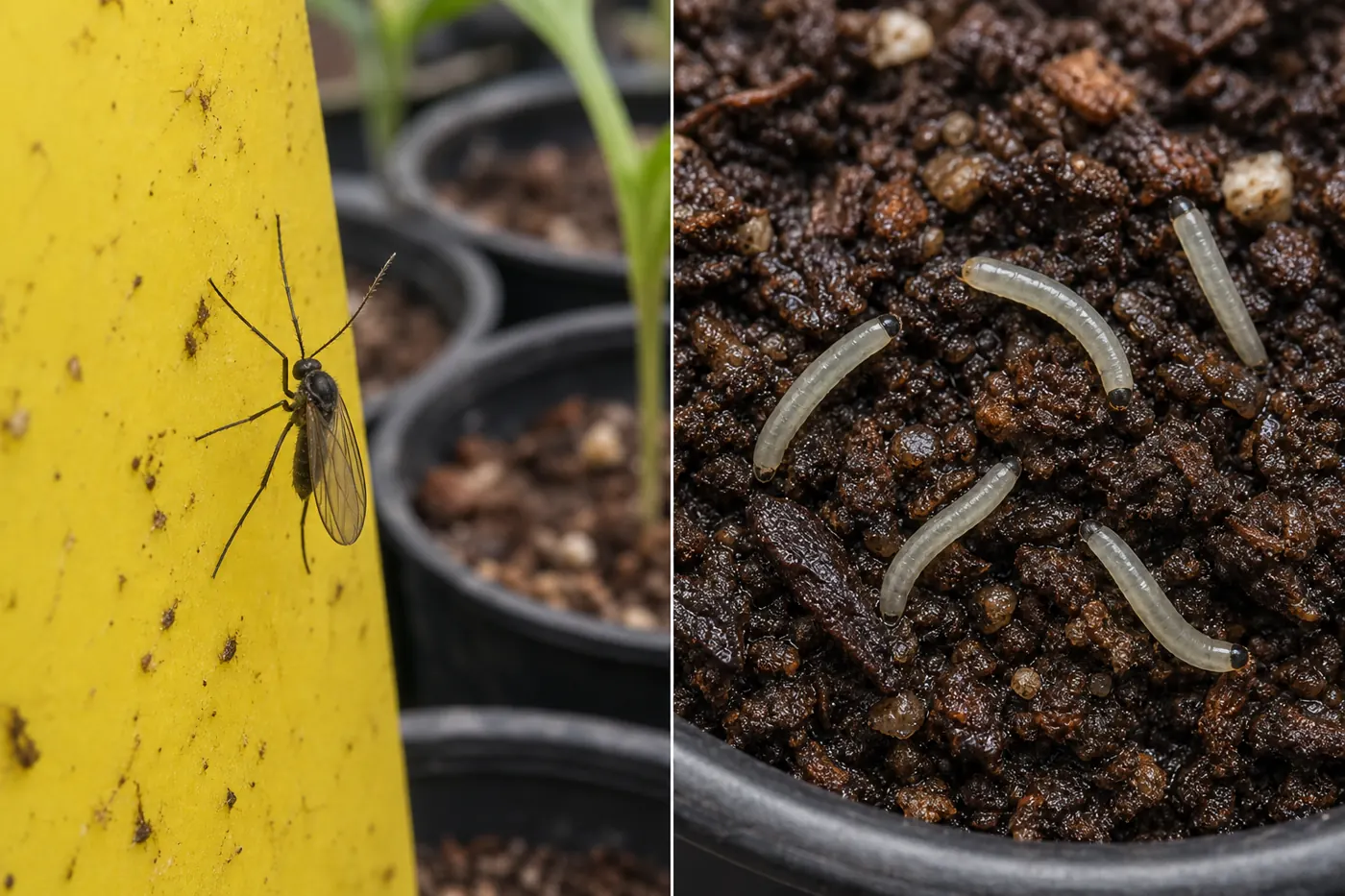 Greenhouse evidence comparison showing a tiny dark fungus gnat adult on a yellow sticky card and translucent dark-headed larvae in moist potting mix