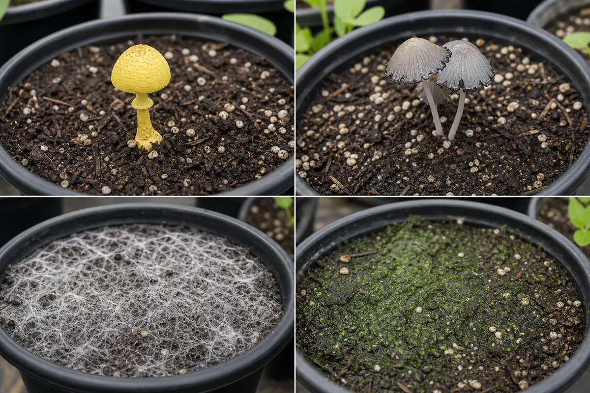 Yellow dapperling, small inky caps, a white fungal mat, and green algae shown in separate greenhouse potting-media panels