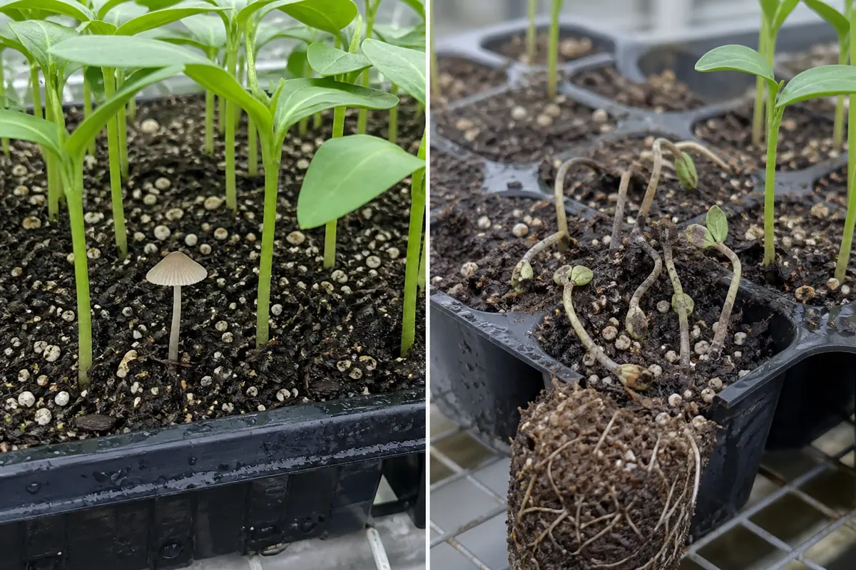 Healthy seedling growing beside a saprotrophic mushroom compared with water-soaked and collapsed seedlings in a damping-off patch