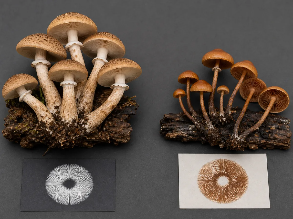 Honey mushroom and deadly Galerina specimens on separate wood pieces with white and rusty-brown spore deposits