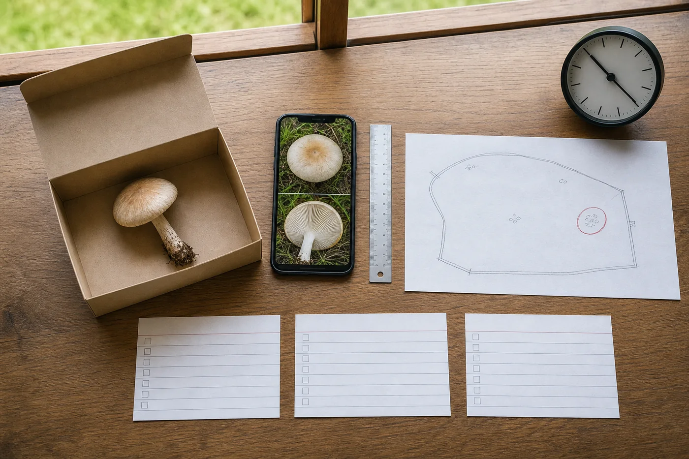 Field evidence laid out for a veterinarian with an intact mushroom in a paper container, cap and underside photographs with scale, paddock map, exposure time notes, and horse information