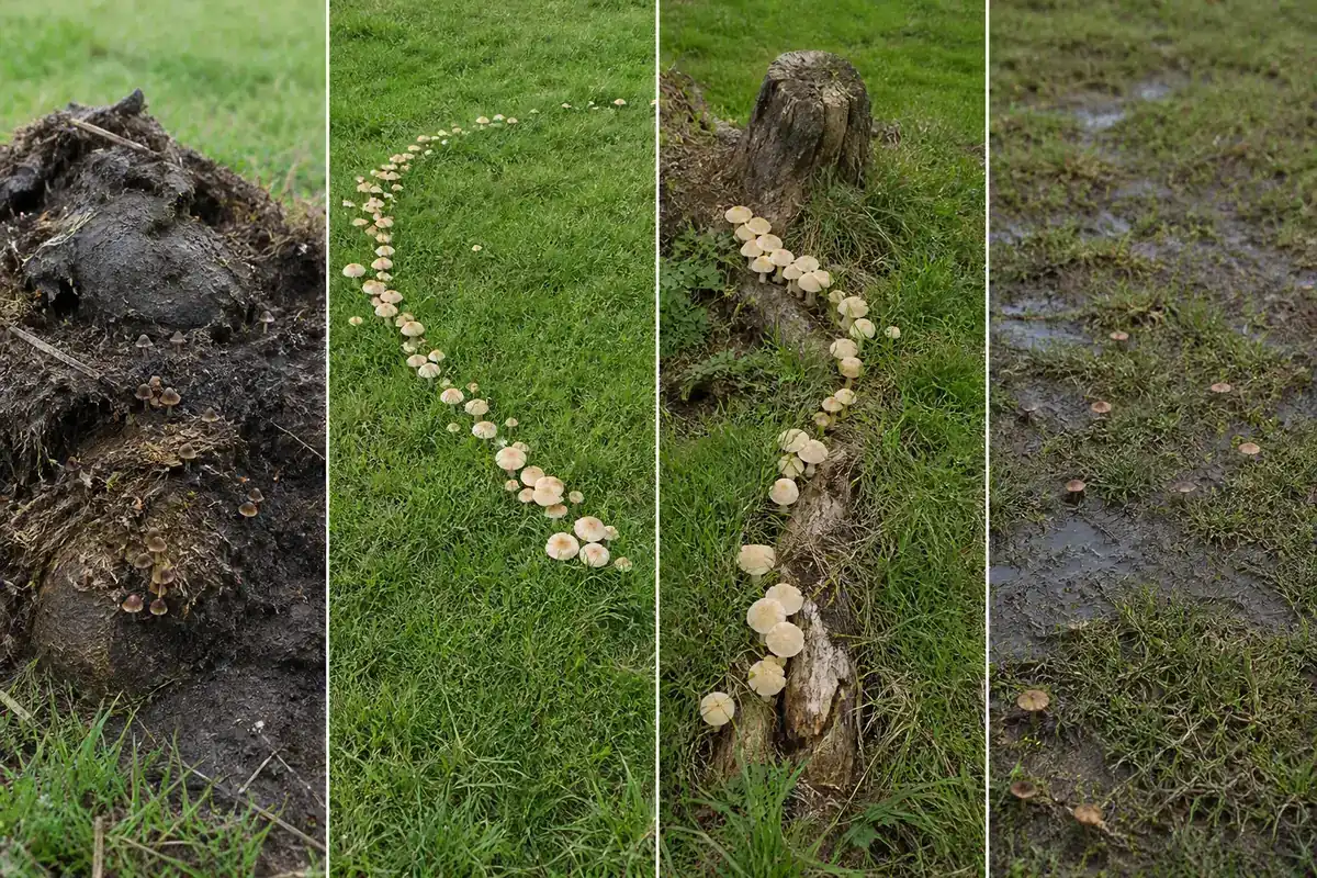 Four horse-pasture panels showing caps attached to dung, a ring through grass, a cluster over buried wood, and scattered caps in a wet low spot