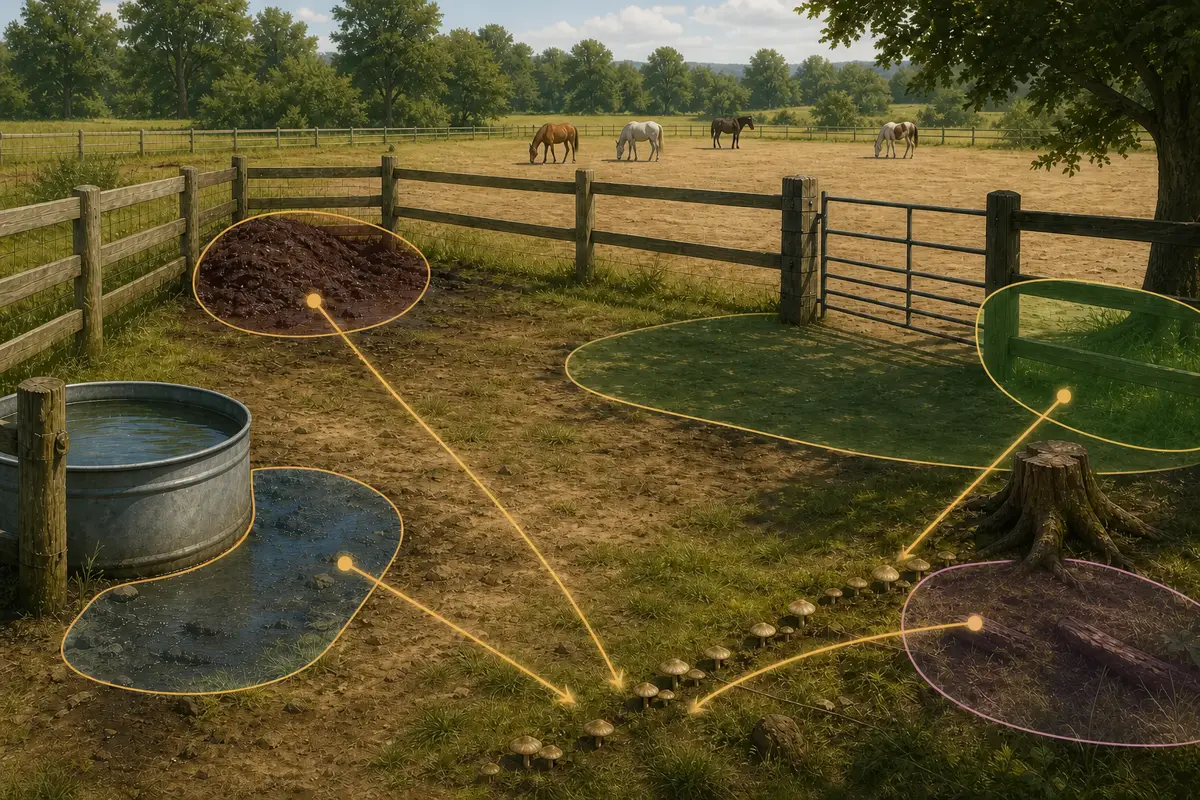 Managed horse pasture showing trough overflow, a manure-rich corner, shaded compacted ground, and a buried-root fruiting line