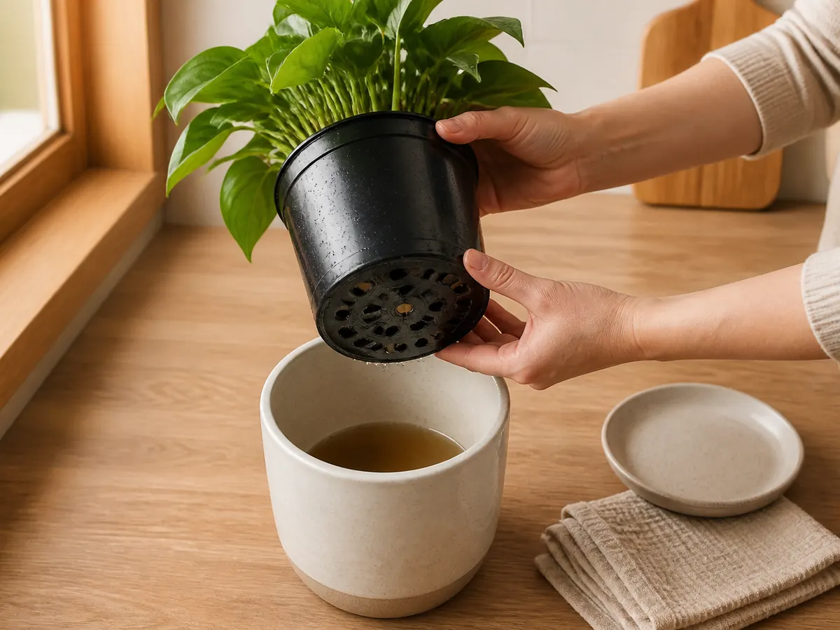Inner nursery pot lifted above a decorative cachepot to reveal standing water below the drainage holes
