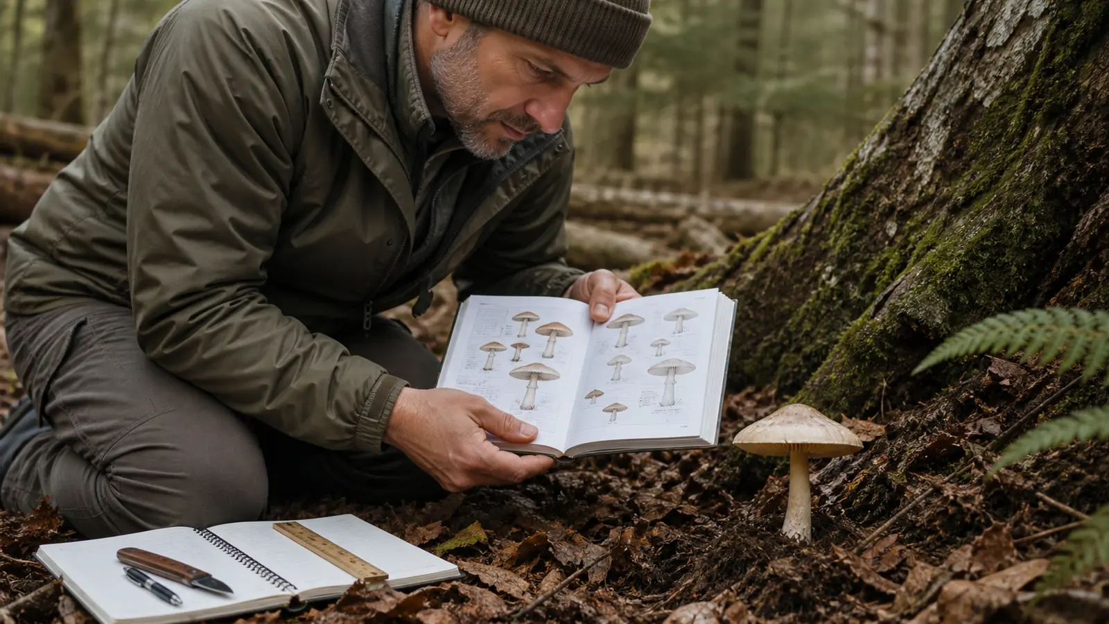 Naturalist comparing an intact woodland mushroom with a regional field guide