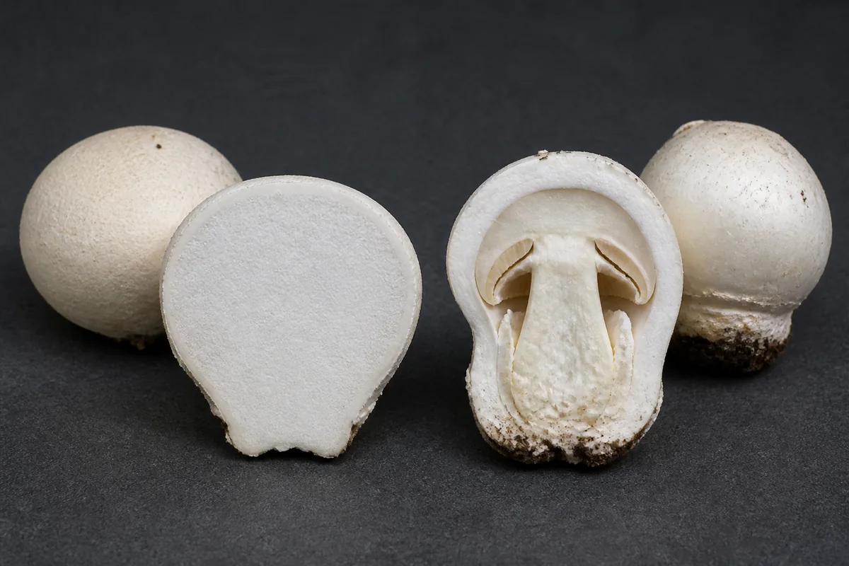 Uniform interior of a sectioned puffball beside the embryonic cap and gills inside a young Amanita button