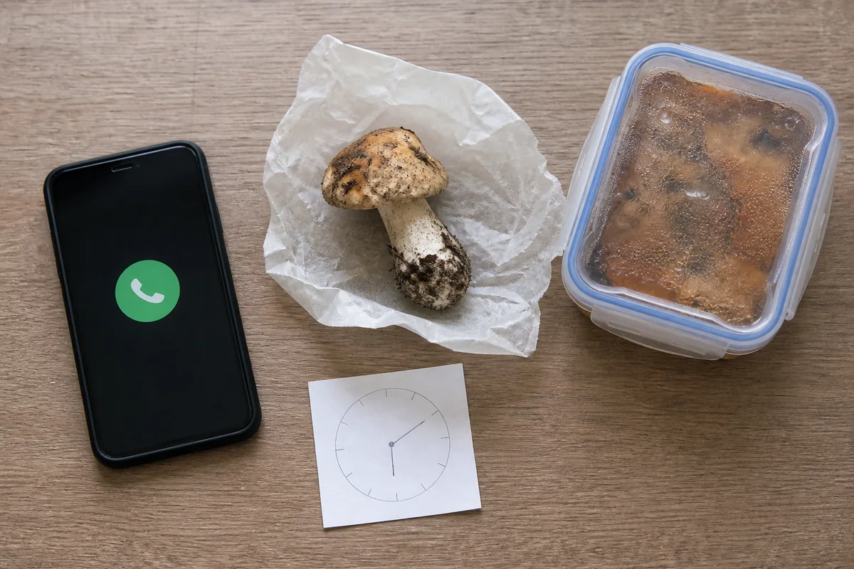 Phone call beside an uncooked mushroom sample wrapped in waxed paper with a collection-time note