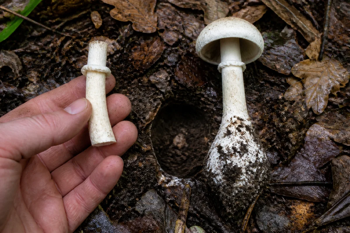 Snapped mushroom stem beside a carefully excavated specimen with its bulbous base intact