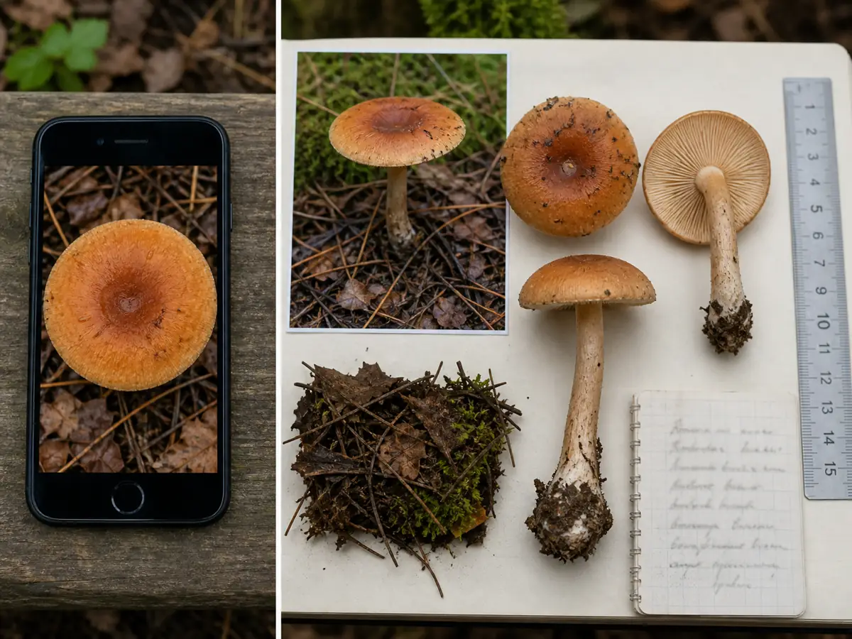 Single cap photograph compared with a complete record of habitat, underside, stem base, scale, substrate, and notes