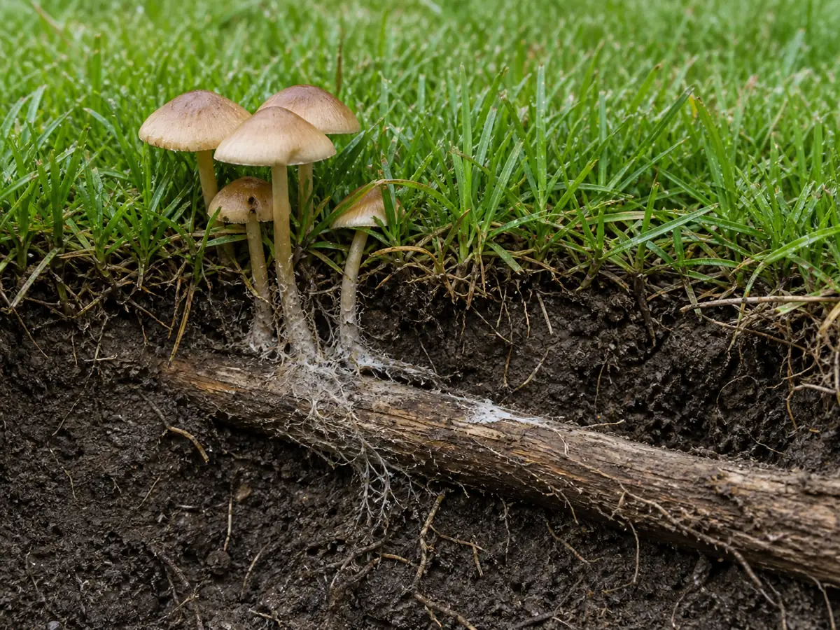 Lawn mushroom cluster carefully excavated to show a connection with a buried decaying root