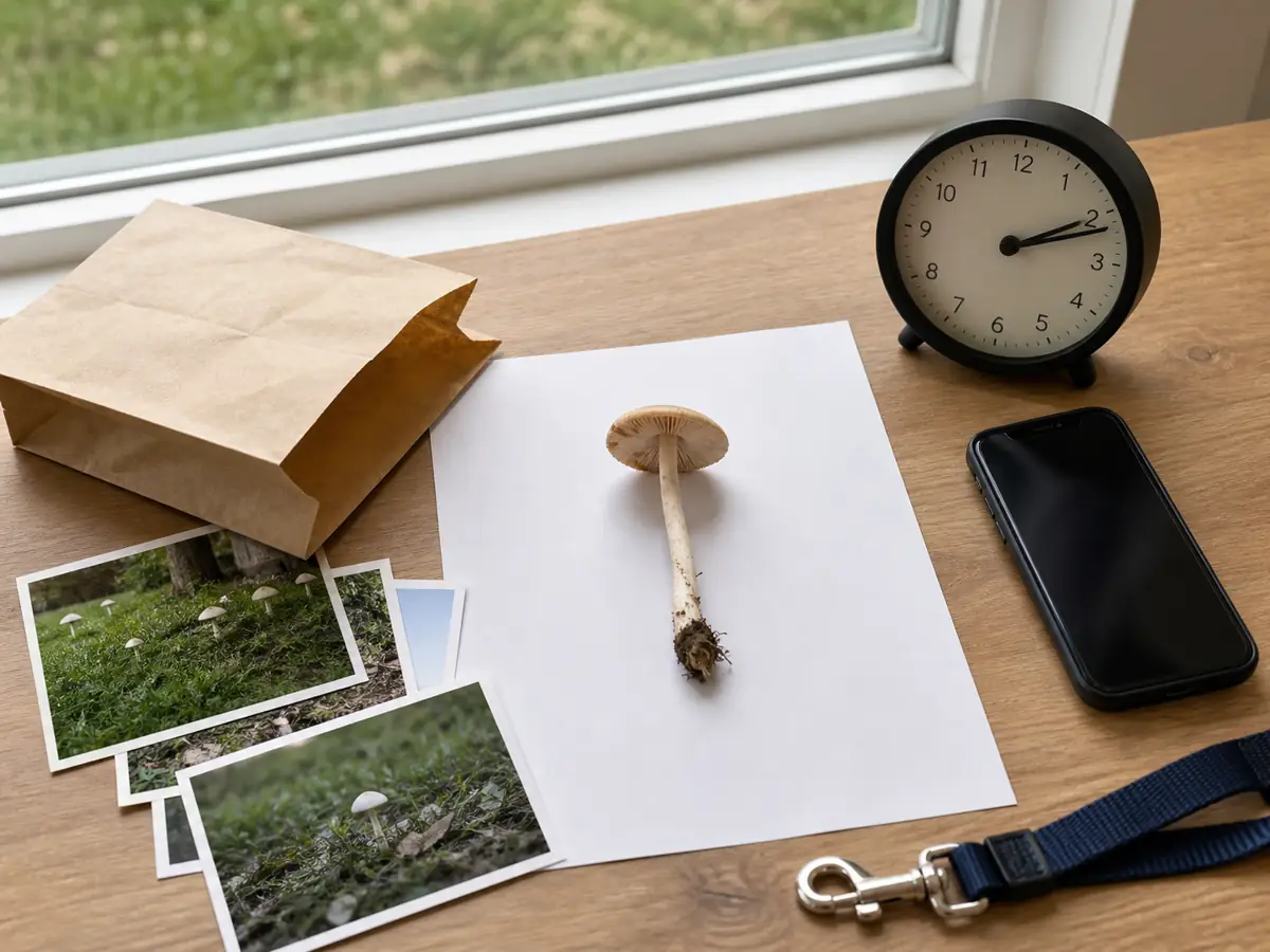 Matching lawn mushroom specimen, scene photographs, paper packet, time record, and phone preserved after a possible ingestion