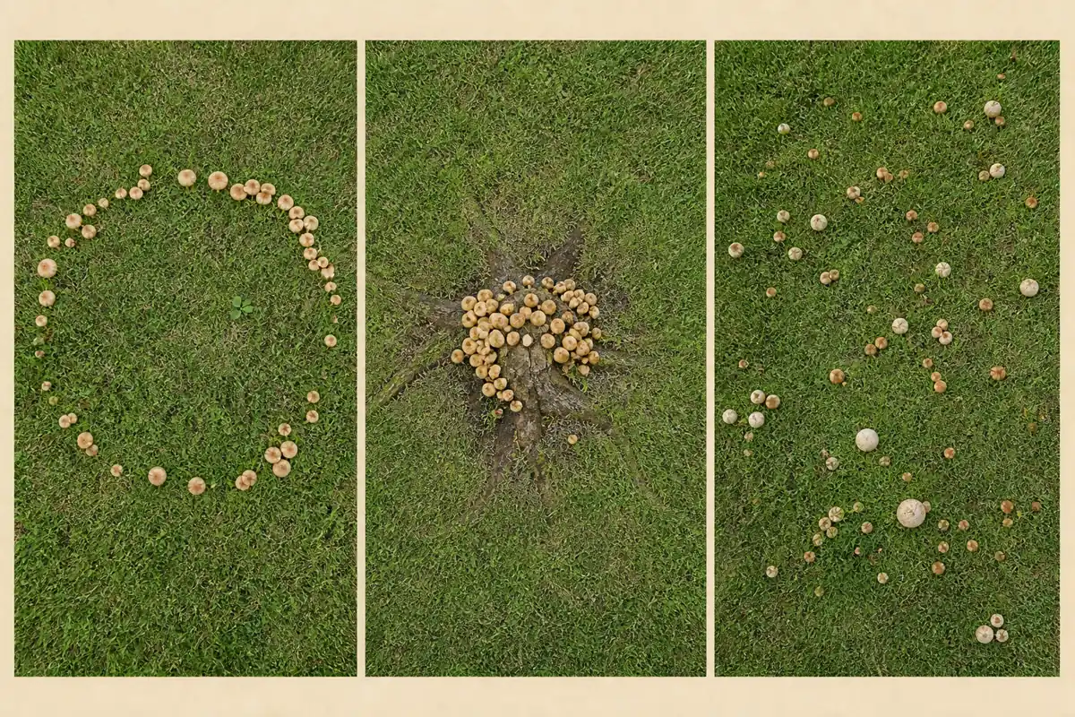 Overhead comparison of ring, buried-root cluster, and scattered lawn mushroom patterns