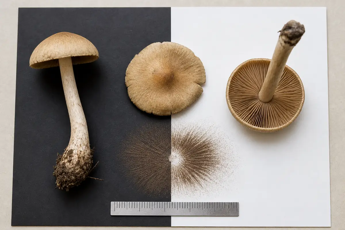 Complete lawn mushroom specimen with cap underside, excavated stem base, scale, and spore deposit on contrasting paper
