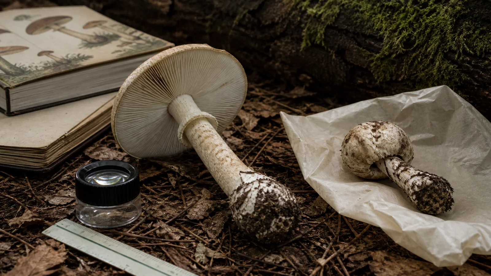 Mushroom identification study with intact specimen, separated field notes, hand lens, ruler, and regional guide