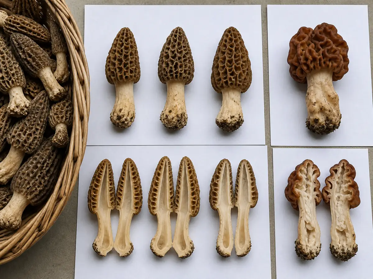 Mixed morel-like mushrooms separated specimen by specimen before complete lengthwise cuts