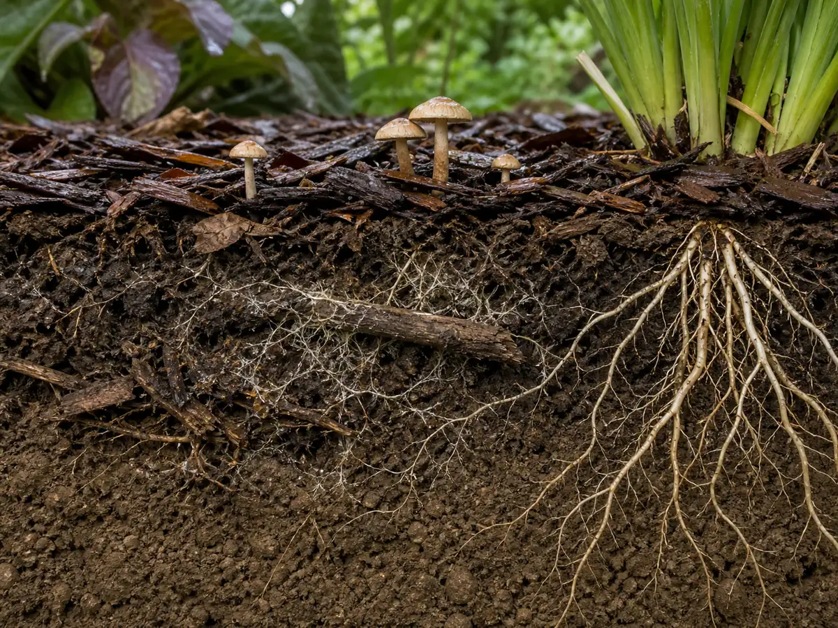 Cutaway of damp bark mulch with older organic layers, buried wood fragments, healthy plant roots, and fungal mycelium below a mushroom flush