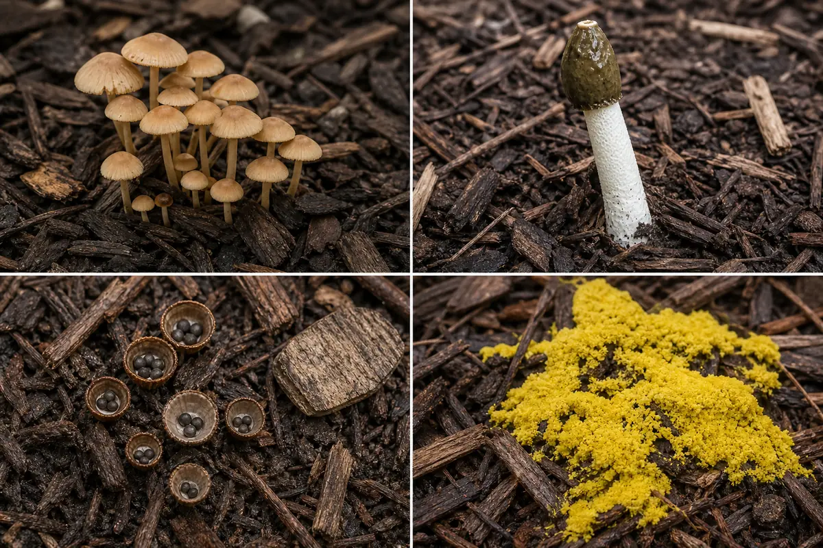 Conventional gilled mushrooms, an upright stinkhorn, tiny bird's nest cups, and a yellow slime mold shown in separate mulch panels