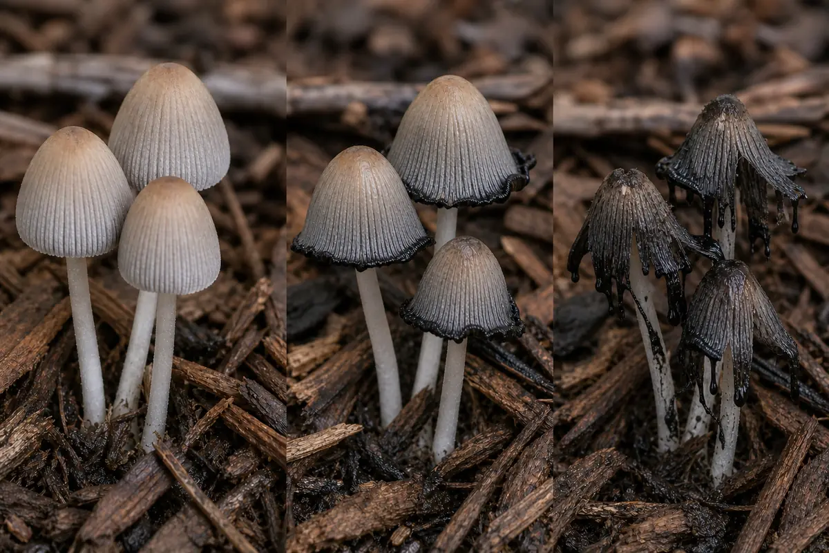 A small inky-cap group shown fresh, darkening at the margins, and finally collapsing into black liquid on mulch
