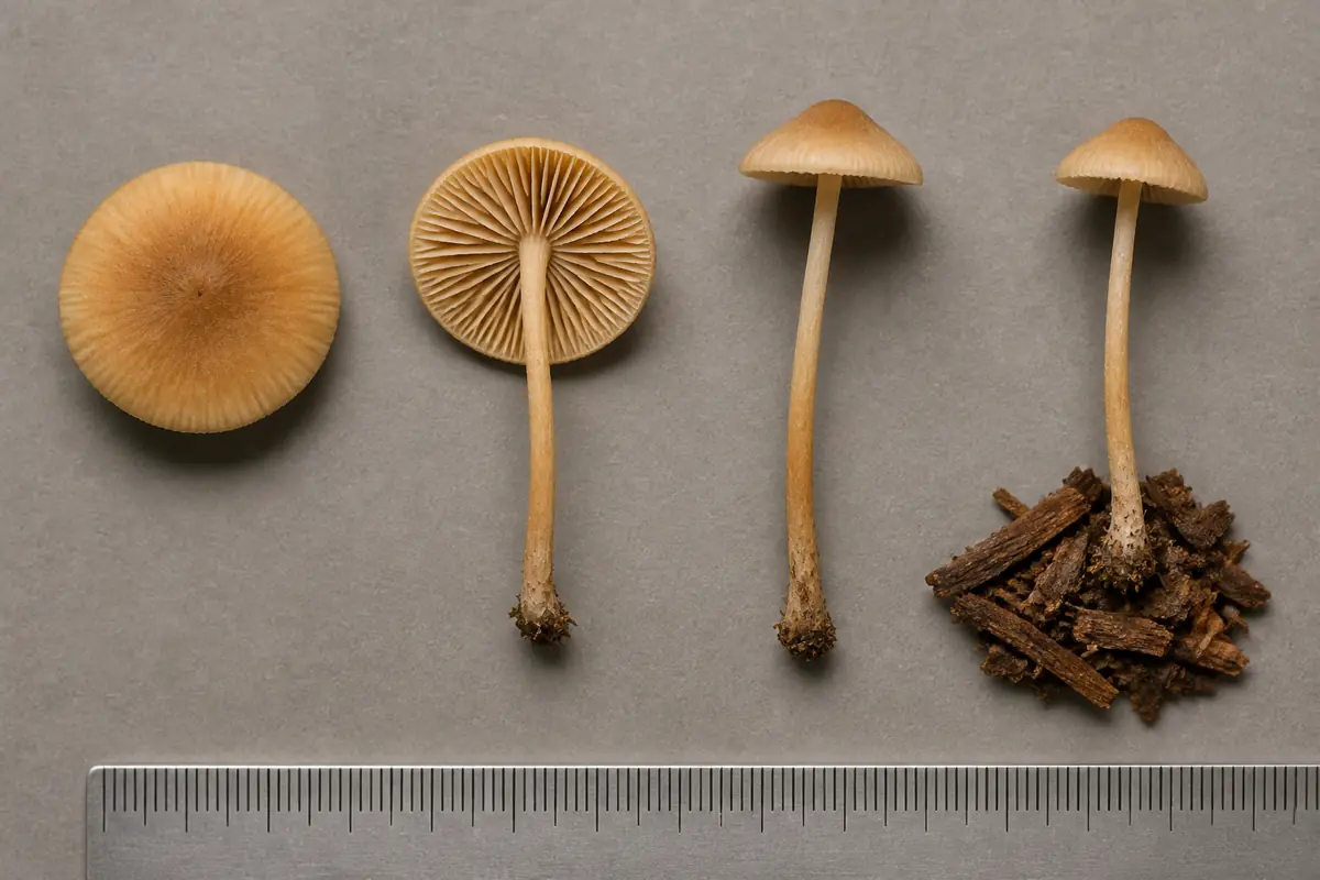 Cap, underside, side, and complete stem-base views of one mulch mushroom beside a ruler and its attached bark fragment
