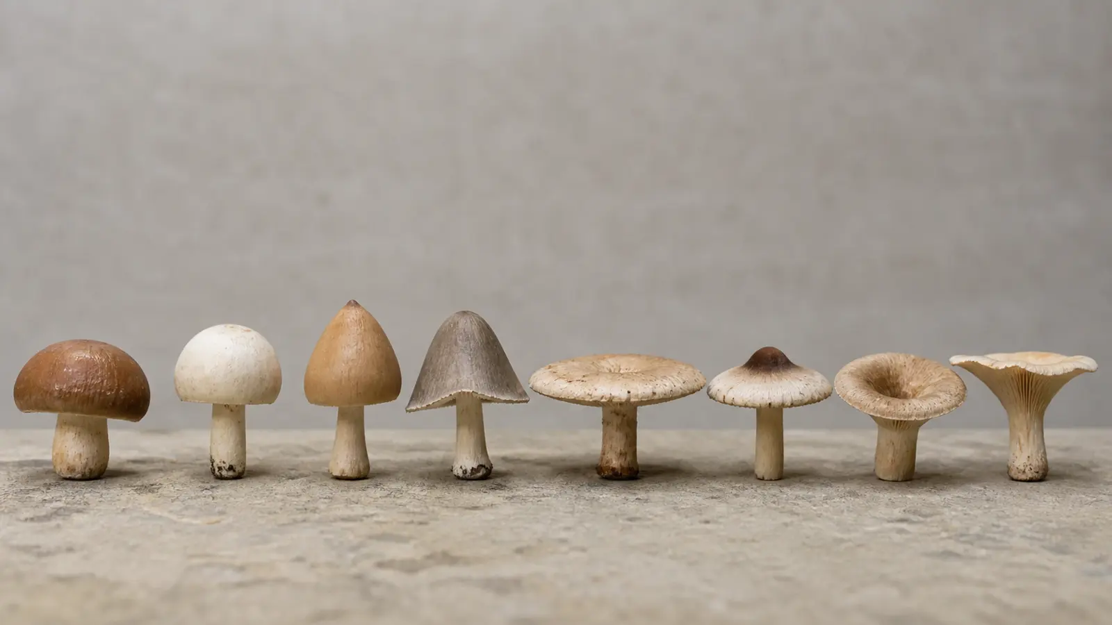 Mushroom caps with convex, conical, bell, flat, depressed, funnel, and umbonate profiles