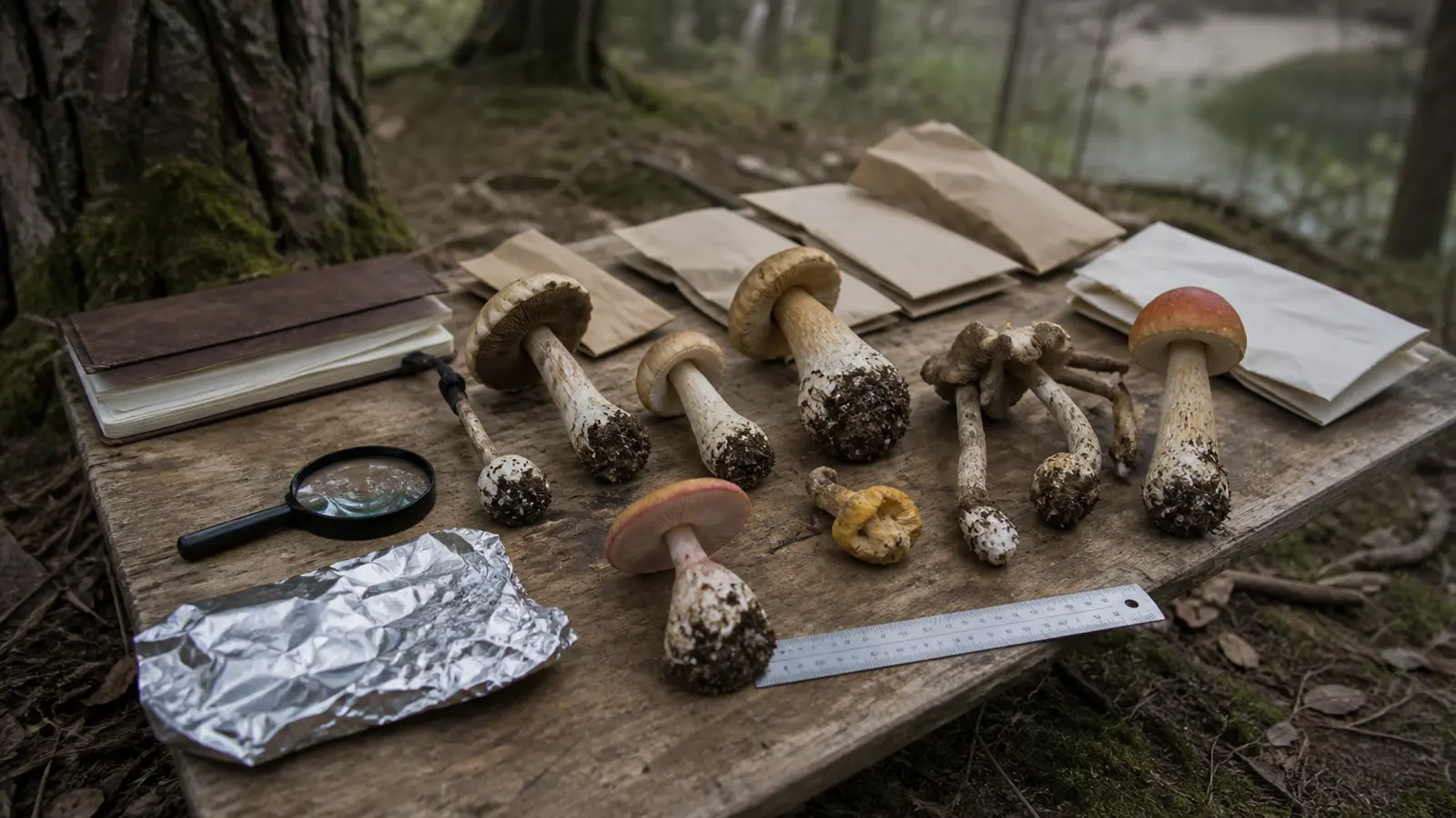 Beginner mushroom study table with regional field guide, notebook, hand lens, ruler, and separated specimens