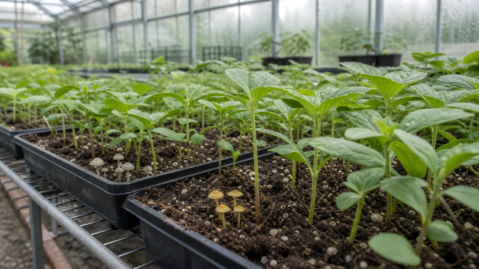 Small mushrooms fruiting among greenhouse seedling trays