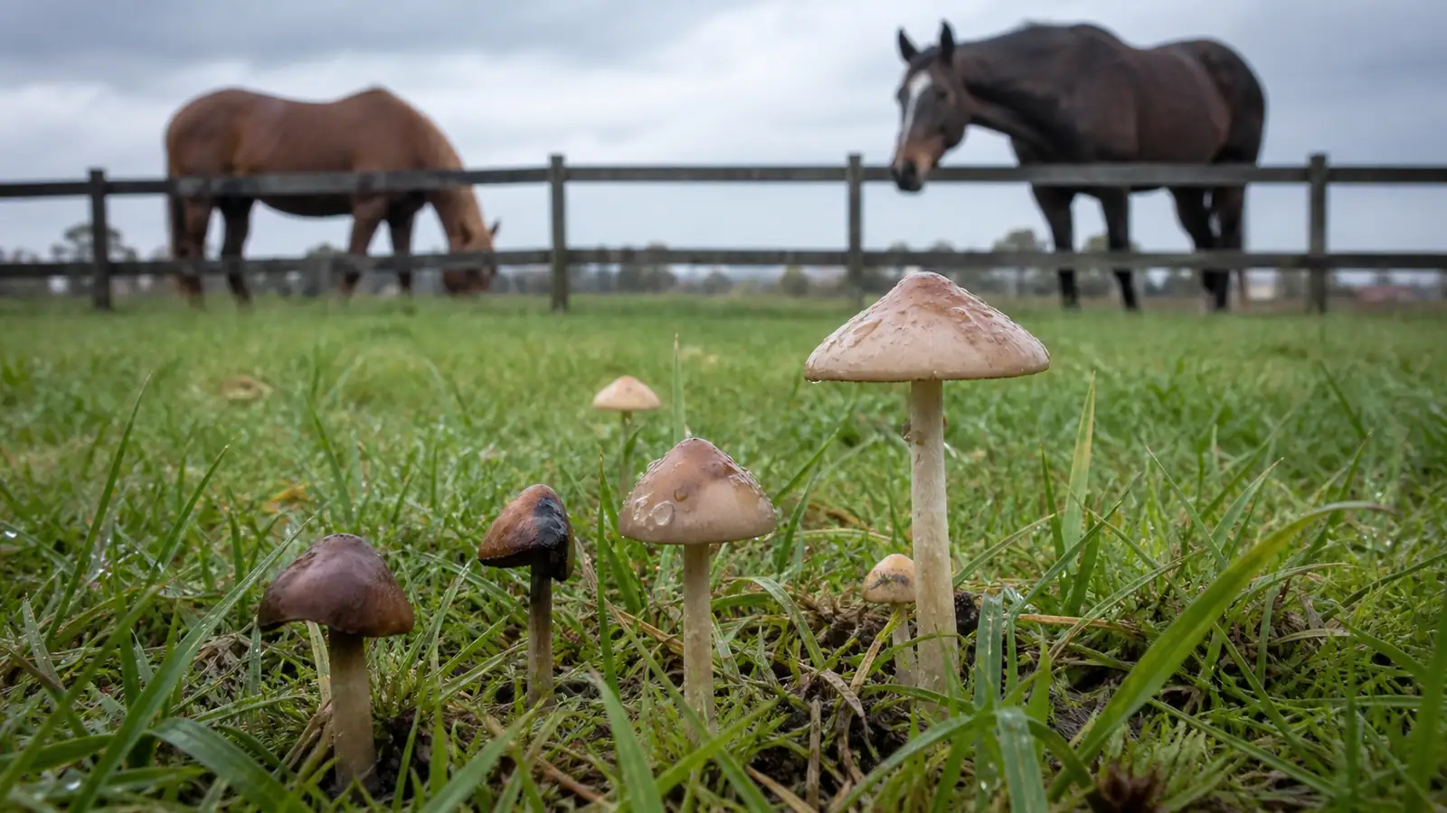 Small mushrooms in a wet horse pasture with grazing horses kept behind a fence