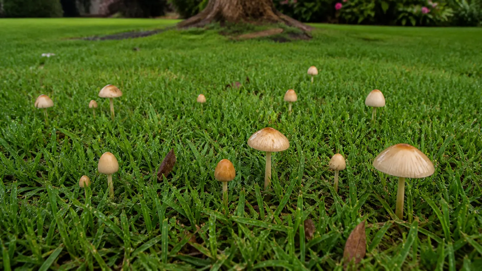 Scattered lawn mushrooms emerging through wet grass after rain