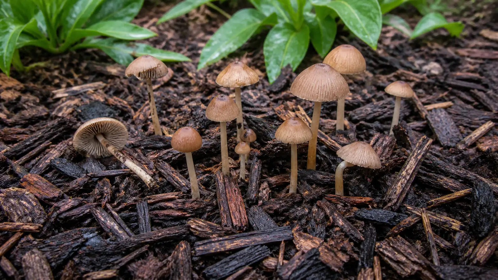 Small brown mushrooms emerging through damp shredded bark mulch