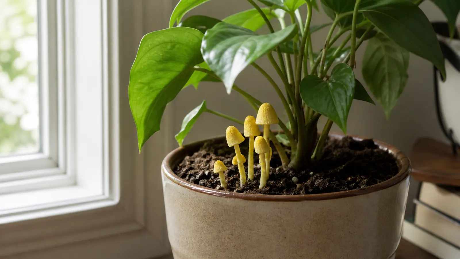Small yellow mushrooms emerging from the soil of an indoor potted plant