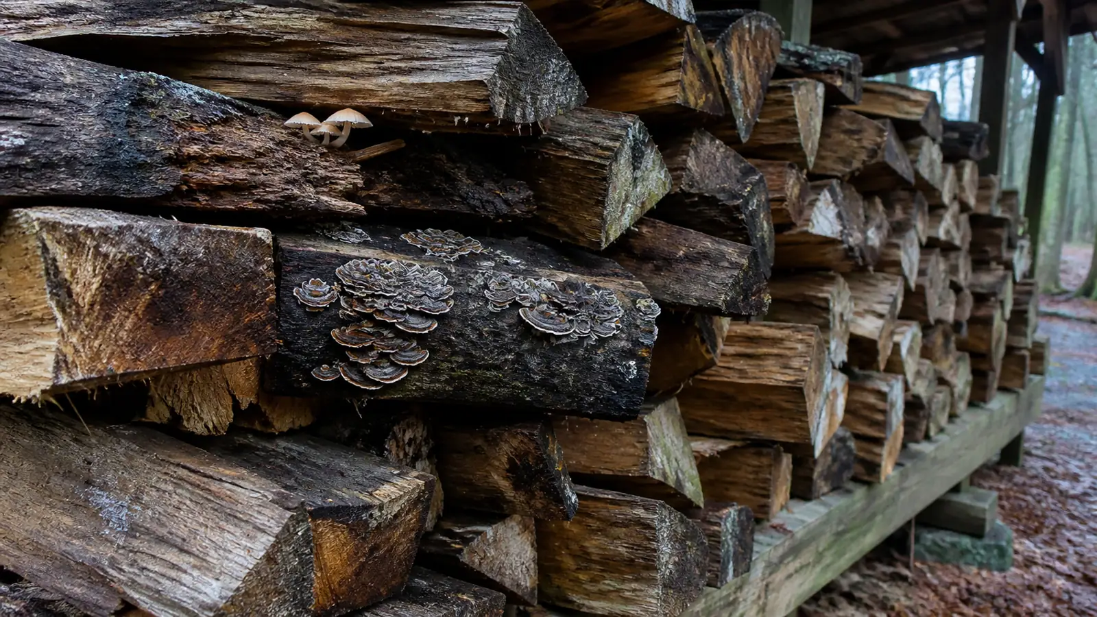Small bracket and gilled mushrooms fruiting from damp stacked firewood